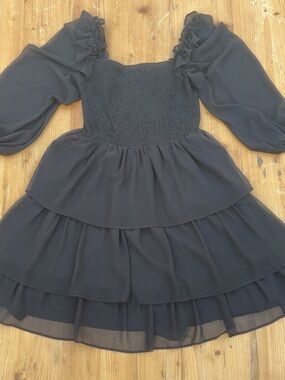 Black Smocked Tiered Chiffon Formal Dress with Puff Sleeves